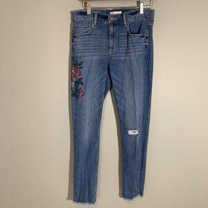 LOFT distressed floral print raw hem skinny stretch denim jeans